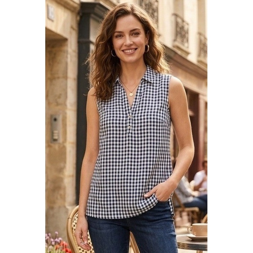 Jones New York Sport Gingham‎ Sleeveless Button Down Top Women's Navy White 1X?